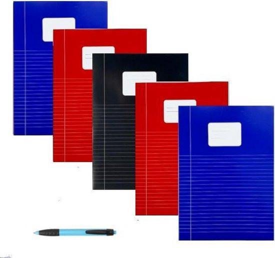 Schriften A4 met Lijntjes - Met Kantlijn - Set van 5 stuks - Basic kleuren - Inclusief GRATIS Balpen - GRATIS verzonden