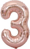 Cijfer Ballon nummer 3 - Helium Ballon - Grote verjaardag ballon - 32 INCH - Rosé Gold - Met opblaasrietje!