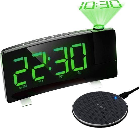 Slinks Wekkerradio met projectie - draadloze oplader – Projectiewekker - USB - Groen - wireless charger