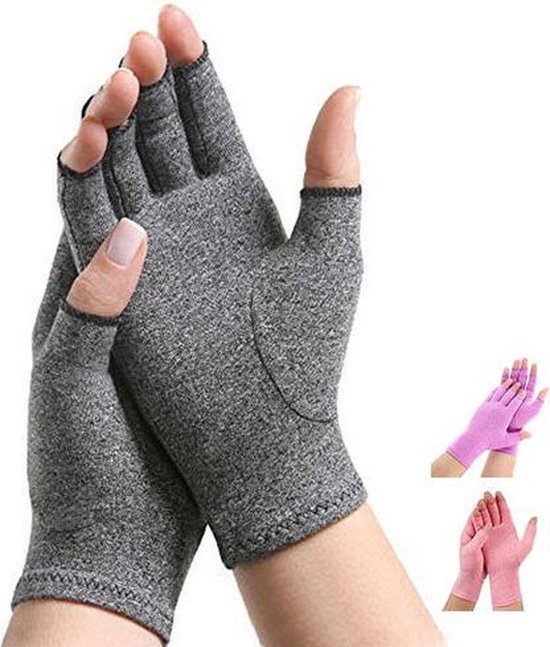 Grijze compressiehandschoenen zonder vingertoppen, met een kleine afbeelding van roze handschoenen ernaast.