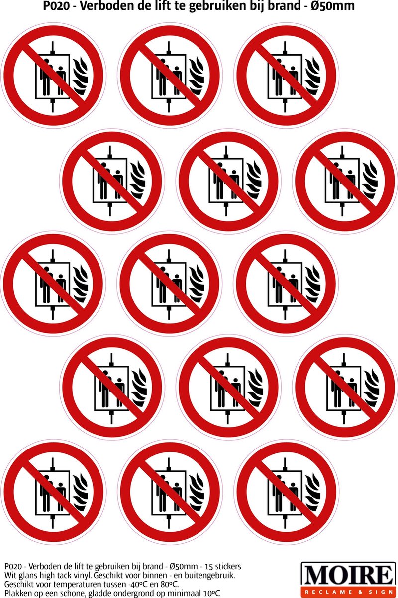 Pictogram sticker 75 stuks P020 - Verboden de lift te gebruiken bij brand - 50 x 50mm - 15 stickers op 1 vel