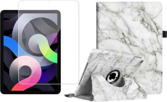 Hoes geschikt voor iPad Air 2022 / 2020 10.9 inch - Screenprotector GlassGuard - Book Case 360 Graden Hoesje Marmer