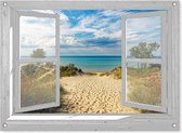 tuinposter - 90x65 cm - doorkijk wit venster - duinen overgang - tuindecoratie - tuindoek - tuin decoratie - tuinposters buiten - tuinschilderij