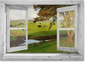 tuinposter - 90x65cm - doorkijk wit venster - koeien in landschap - tuindecoratie - tuindoek - tuin decoratie - tuinposters buiten - tuinschilderij