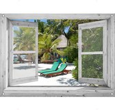 tuinposter - 90x65 cm - doorkijk wit venster - tropisch strand ligstoelen - tuindecoratie - tuindoek - tuin decoratie - tuinposters buiten - tuinschilderij