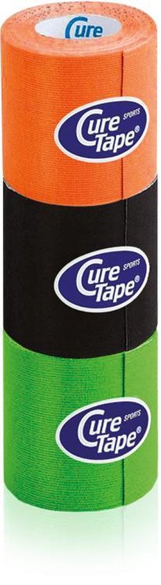 CureTape Sports - 3 rollen: 2,5m x 5cm - Oranje-zwart-lime + 25% kleefkracht - kinesiotape - fysiotape - sporttape