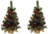 2x stuks kunstboom/kunst kerstboom met kerstversiering 60 cm - Kunst kerstboompjes/kunstboompjes - Kerstversiering