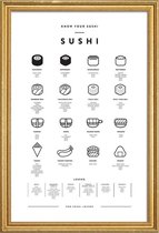 JUNIQE - Poster met houten lijst Sushi infographic -13x18 /Wit & Zwart