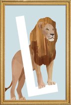 JUNIQE - Poster met houten lijst L Lion -13x18 /Blauw & Bruin