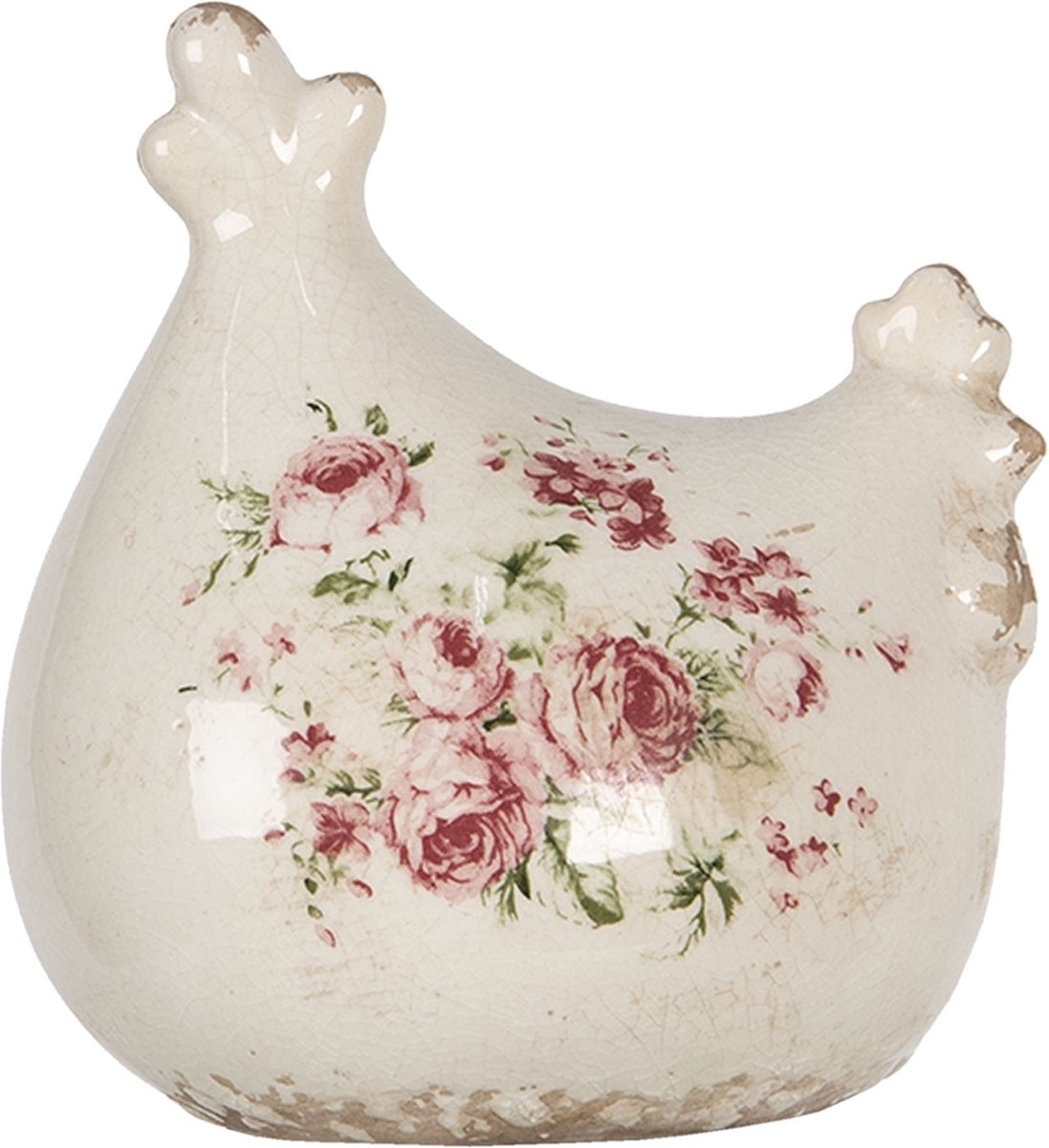 Clayre & Eef Decoratie Kip 12x11x13 cm Beige Keramiek Bloemen