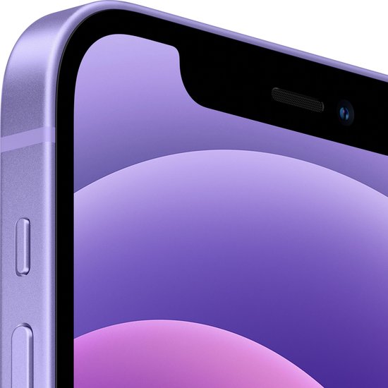 Detail van de paarse behuizing en het scherm van een iPhone 12.