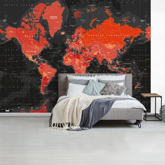 Behang - - Wereldkaart - Rood - Zwart 375 cm x hoogte 280 cm | bol.com