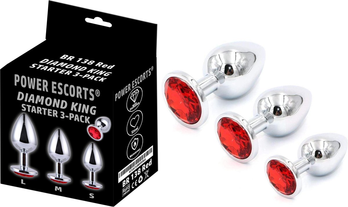 Power escorts - Metalen Buttplug set - Rode steen -  Anal plug Starter set - 3 Pack  - BR138 - Small - Medium - Large Anaal plug set - gave Cadeaubox