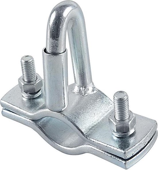 Zilverkleurige klem met twee bouten en moeren, en een gebogen oog aan de bovenzijde.