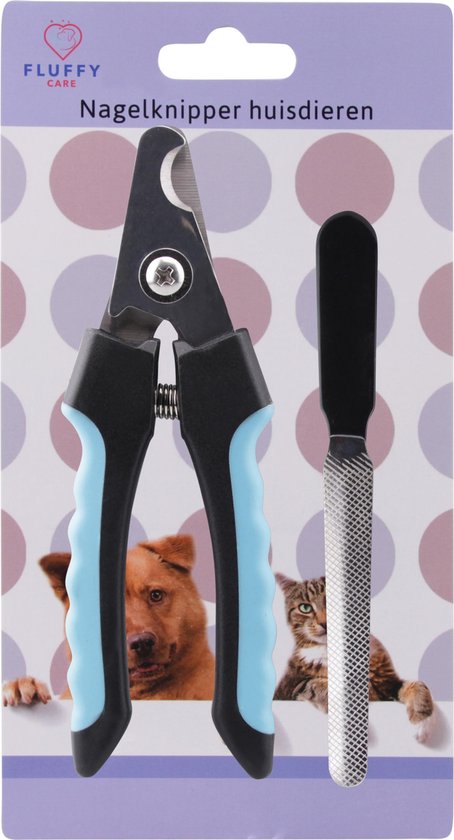 Verpakking van een nagelknipper voor huisdieren, met een hond en een kat op de voorkant.