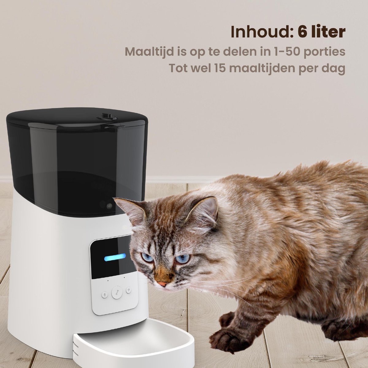 Afbeelding 2 van DKProducts Automatische Voerbak Wit - Voerautomaat Met App - Smartphone Besturing - Voerinhoud 6 Liter - Voor Katten- en Hondenvoer - Droogvoer - Voedingsschema - WiFi - Automatische voerbak kat - Automatische voerbak