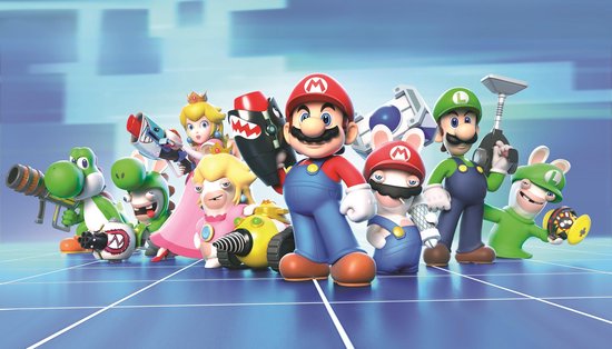 Groepsfoto van Mario, Rabbids, Yoshi, Peach en Rabbid Peach met wapens en technologie, staand op een blauwe, rasterachtige ondergrond.