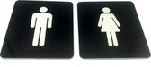 Deurbordje Toilet - WC bordjes – Tekstbord WC – Toilet bordje – Heren Dames – Man Vrouw - Bordje – Zwart – Pictogram - Zelfklevend – Set van 2 - 10 cm x 12 cm x 1,6 mm - 5 Jaar Gar
