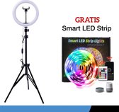 PochonBleu Ringlamp met verstelbare statief | Ringflitser | Ringlight | Fliters Make Up - Selfie - Vlog | 26cm / 10 Inch LED ringlamp met telefoonhouder 200cm hoog | Fotostudio | Dimbaar
