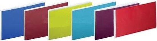 Six albums de poche alignés : bleu, bordeaux, vert lime, turquoise, violet et rouge.
