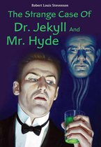 Boekomslag van 'The Strange Case Of Dr. Jekyll And Mr. Hyde' met een man in smoking en een zwevende, boosaardige kop.