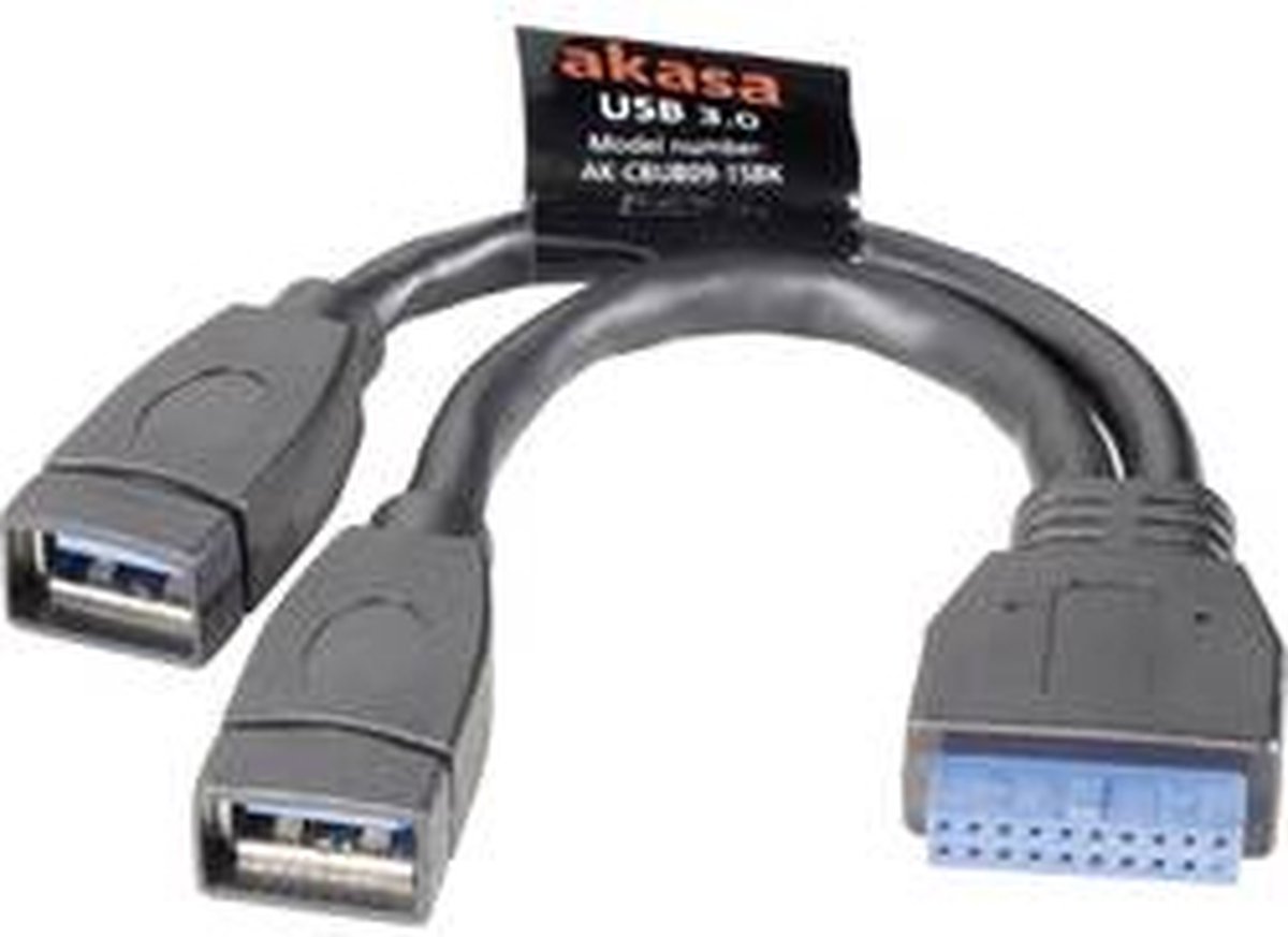 Akasa USB-kabel USB 3.2 Gen1 (USB 3.0 / USB 3.1 Gen1) Shrouded header 19-polig, USB-A bus 0.15 m Zwart Vergulde steekco