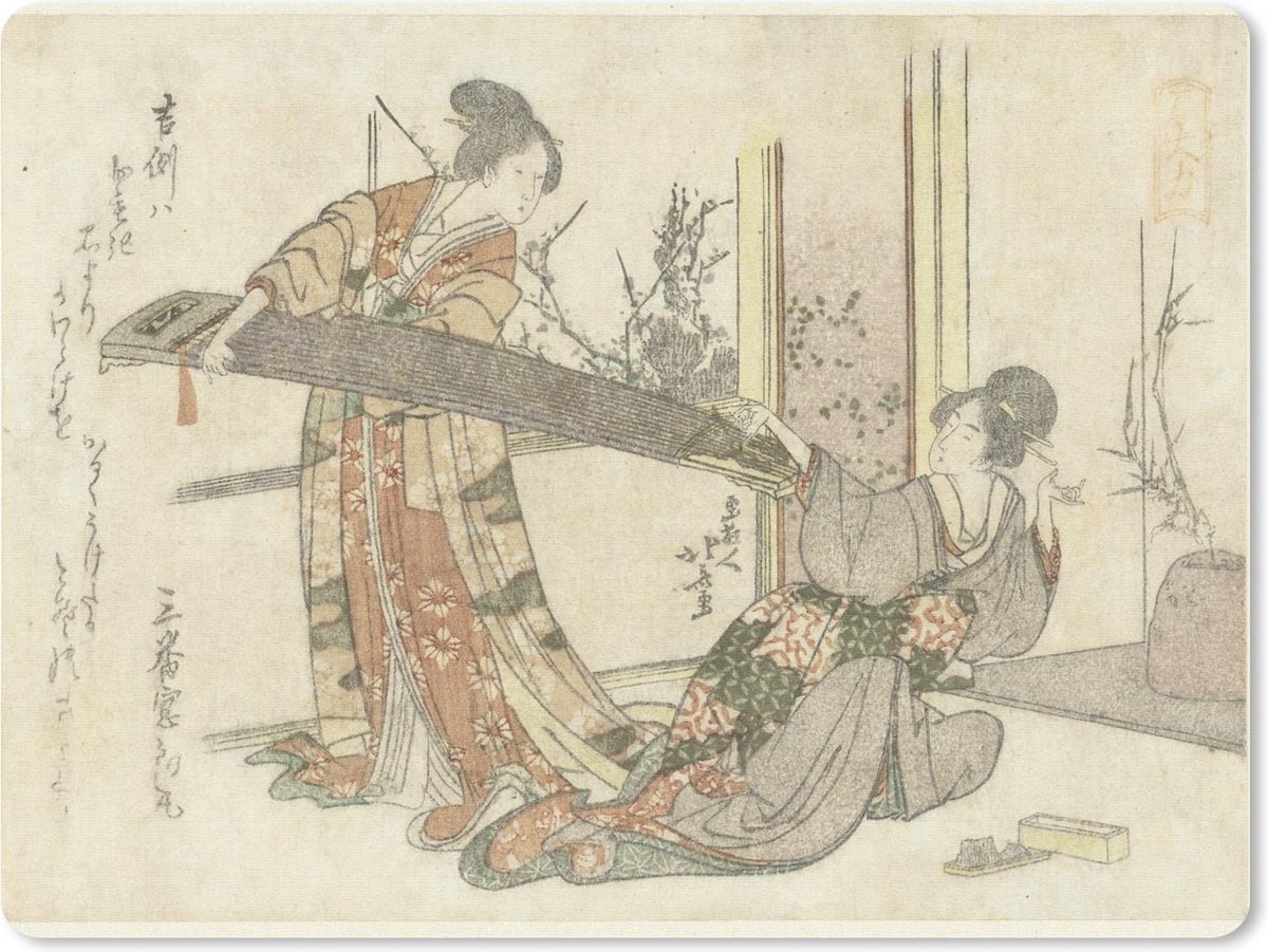 Muismat Katsushika Hokusai - Twee vrouwen met een koto - Schilderij van Katsushika Hokusai muismat rubber - 40x30 cm - Muismat met foto