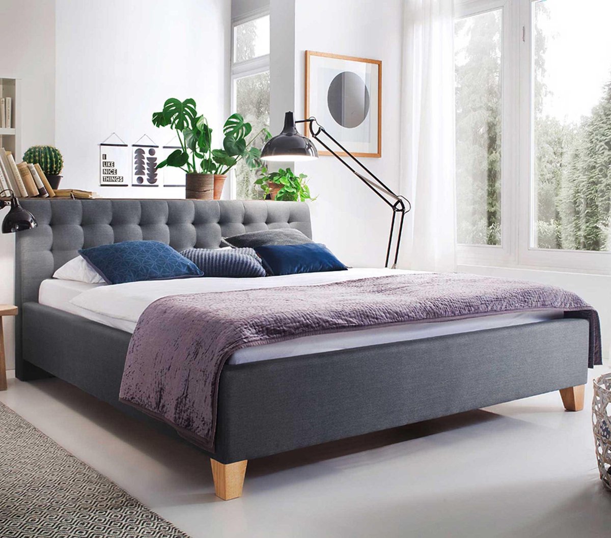 Gestoffeerd bed Camille 180x200 - grijs - Meise - Tweepersoons gestoffeerd bed - Grijs - Textiel; Polyester Tweepersoons Normaal bed