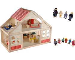 Playwood houten poppenhuis inclusief 25 meubeltjes en 10 buigpoppen