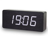 Houten wekker – Alarm Clock – Rechthoek midden - Zwart kleur – Reiswekker - Tijd datum temperatuur weergave – Gratis Adapter - Draadloos met batterijen
