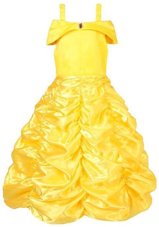 Prinses - Prinses Belle jurk - Prinsessenjurk - Verkleedkleding - Feestjurk - Sprookjesjurk - Goud - Maat 134/140 (8/9 jaar)