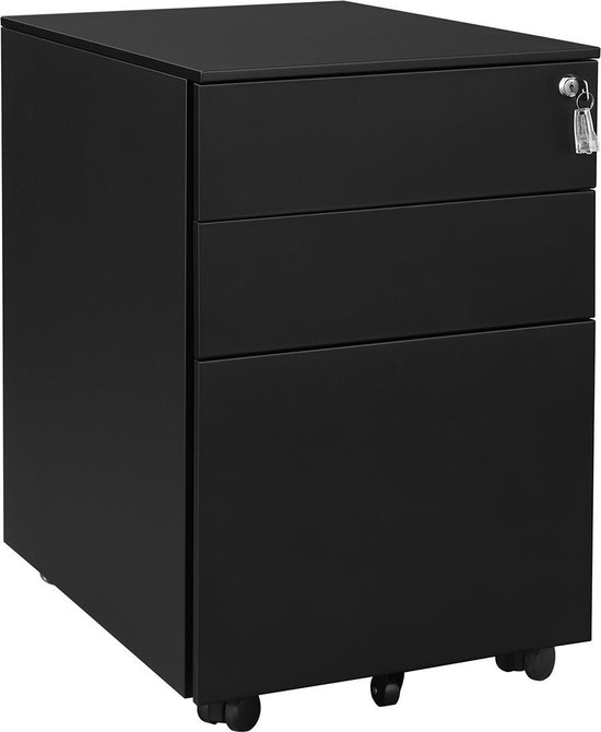 SONGMICS Caisson mobile à 3 tiroirs et dossiers suspendus, armoire de bureau verrouillable en acier, corps d'armoire prémonté, 39 x 60 x 52 cm, noir OFC60BK