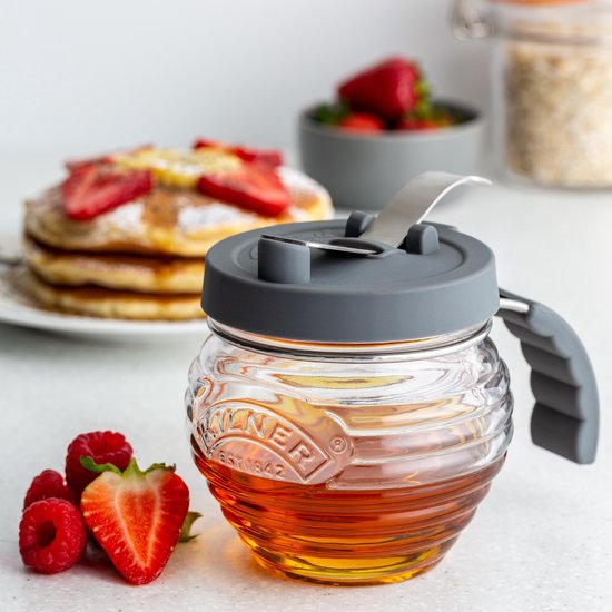 Qivine Honingdispenser, lekvrij, 315 ml, transparant, druppelvrij, opslag voor flessen, honingglas met handvat, verzegeld glas voor thuis (geel