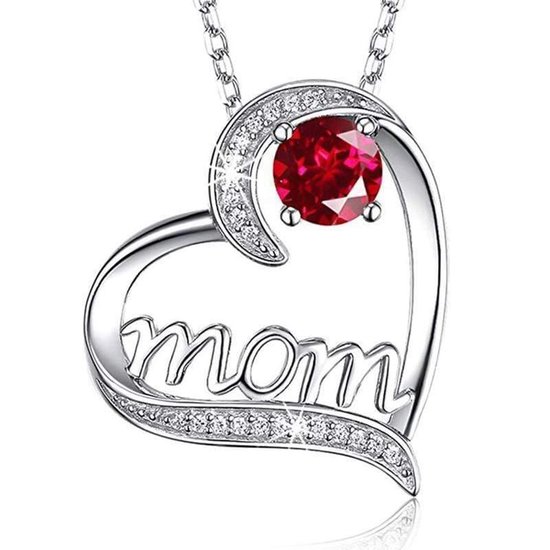 Moeder Ketting dames - 2 kleuren steen - Rood Zilver - verstelbaar 45+5 cm - liefde - verjaardag - Moederdag cadeautje - cadeau voor haar - mama - vrouw