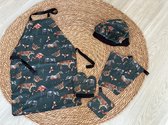 Kinderschort, keukenset - pannenlap - ovenhandschoen - koksmuts - theedoek - schort