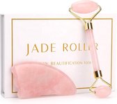 Fancylifestyle Jade Roller + Gua Sha Schraper - Gezichtsmassageroller  - Face Roller - Rose Jade Roller - Inclusief Luxe Beschermdoos