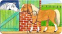 Een bruin paard met een blonde manen bij een stal, kijkt naar een wit paard.