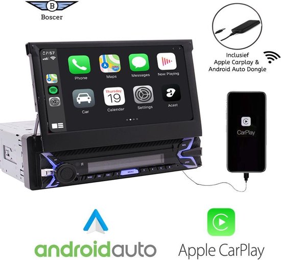 Autoradio Boscer® 1Din, Apple Carplay et Android Auto, Écran pliant  automatique HD