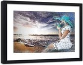 Foto in frame , Vrouw met hoed bij de zee ,120x80cm , multikleur