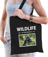 Dieren Gorilla aap foto tas katoen volw + kind zwart - wildlife of the world - kado boodschappentas/ gymtas / sporttas - Gorillas