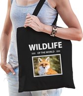 Dieren Vos foto tas katoen volw + kind zwart - wildlife of the world - kado boodschappentas/ gymtas / sporttas - Vossen