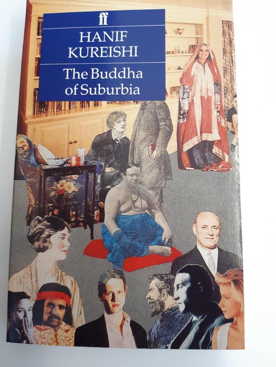 Boek 'The Buddha of Suburbia' van Hanif Kureishi met collage van diverse personen.