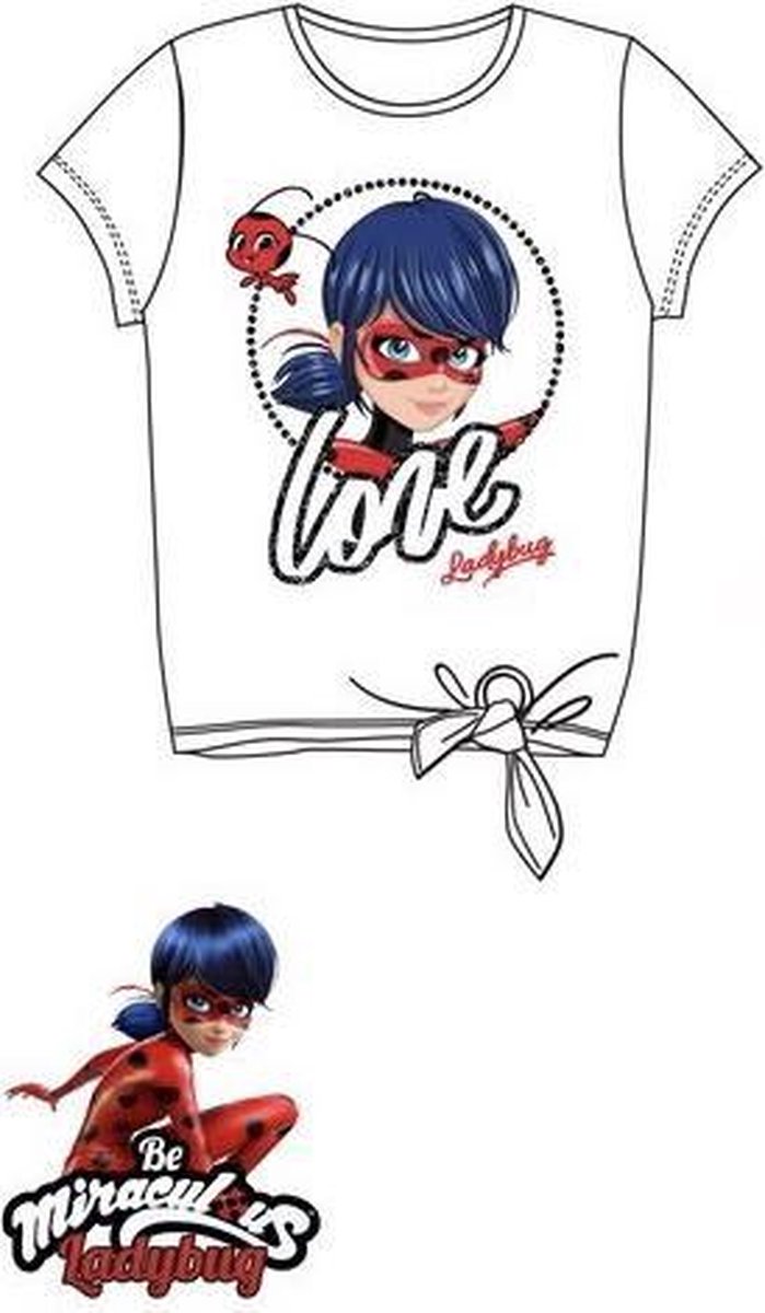 Miraculous Ladybug T-shirt - LOVE met knoop - wit - maat 104 (4 jaar)