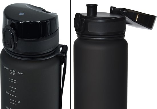 Matzwarte King Mungo drinkfles met open en gesloten dop. Schaalverdeling 1000ml / 32oz op de fles.