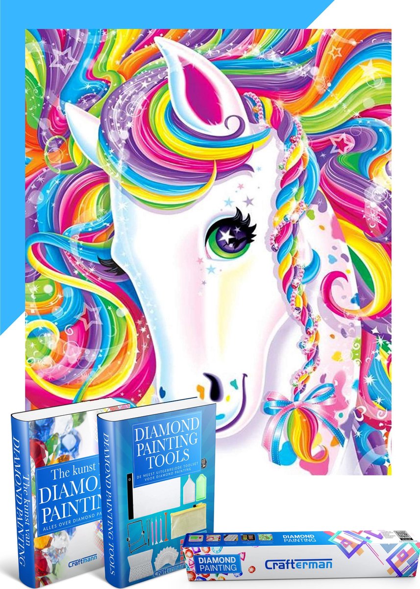 Crafterkids™ Diamond Painting Pakket Kinderen en Volwassenen - Prachtig kleurrijk Paard - 25x35cm - volledige dekking - RONDE steentjes - Met 2 E-Books