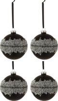 J-Line Doos Van 4 Kerstballen Suiker Midden Diamanten Lijn Glas Mat Zwart Medium
