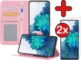 Hoesje Geschikt voor Samsung S20 FE Hoesje Book Case Hoes Portemonnee Cover Walletcase Met 2x Screenprotector - Hoes Geschikt voor Samsung Galaxy S20 FE Hoes Bookcase Hoesje - Lichtroze