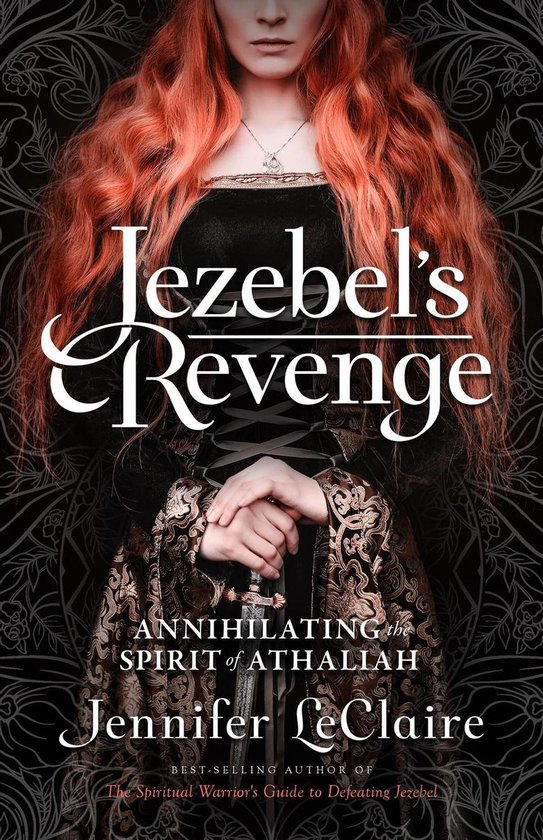 Boekomslag 'Jezebel's Revenge' met een vrouw met lang rood haar, een korsetjurk en een dolk.