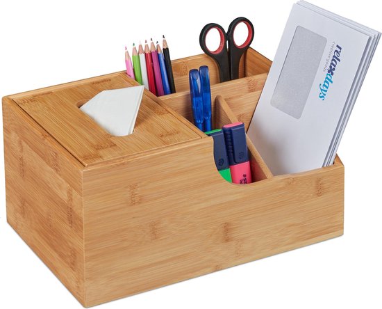 Relaxdays bureau organizer bamboe donkerbruin pennenbak met lade en vakken