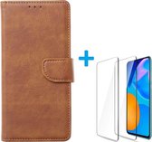 Xiaomi Poco X3 - Bookcase Lichtbruin - portemonee hoesje met 2 stuks Glas Screen protector